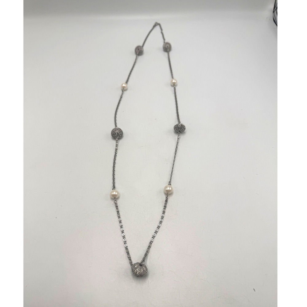 Avon Silver Tone Faux Pearl Textured Orb Station S-Link Long Necklace 32 Inch